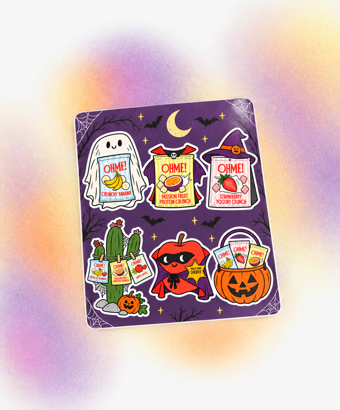 OHME! Halloween sticker sheet displayed on a soft lavender, orange, and pale yellow background