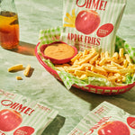 OHME! Apple Fries packaging with fries and dipping sauce on a green surface