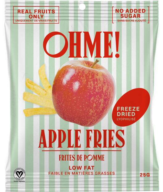 Packaging of OHME! freeze-dried apple fries with an apple and french fries illustration on a striped background.