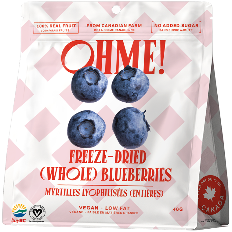 Packaging of freeze-dried blueberries with 'OHME!' branding on a white background
