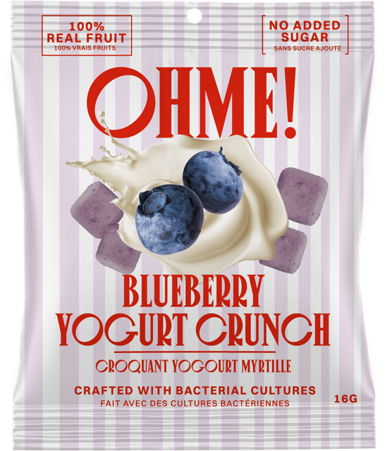Packaging of OHME! Blueberry Yogurt Crunch with blueberries and yogurt illustration on a white background.