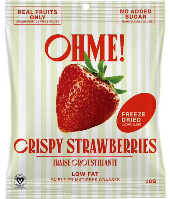 Packaged freeze-dried crispy strawberries with strawberry illustration on a striped background