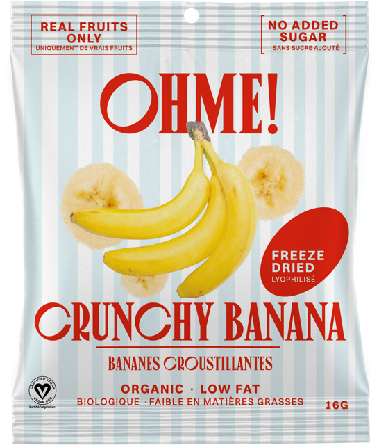 Packaged freeze-dried crunchy banana with OHME! branding on a white background