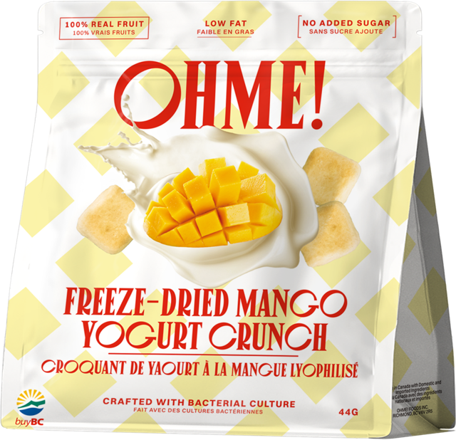 Packaging of OHME! Freeze-Dried Mango Yogurt Crunch with mango pieces and yogurt.