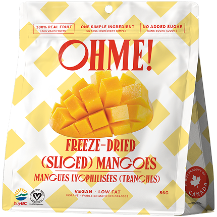 Packaging of OHME! freeze-dried sliced mangoes on a white background