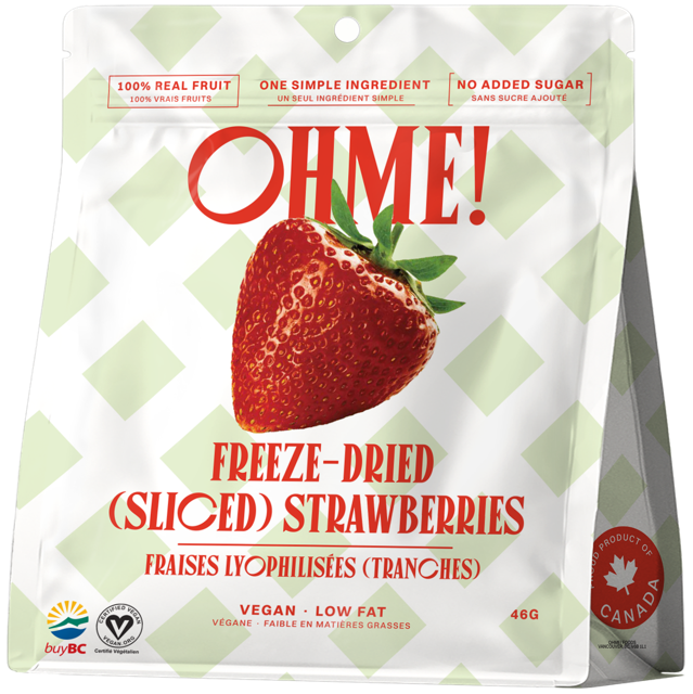 Packaging of OHME! freeze-dried sliced strawberries on a white background