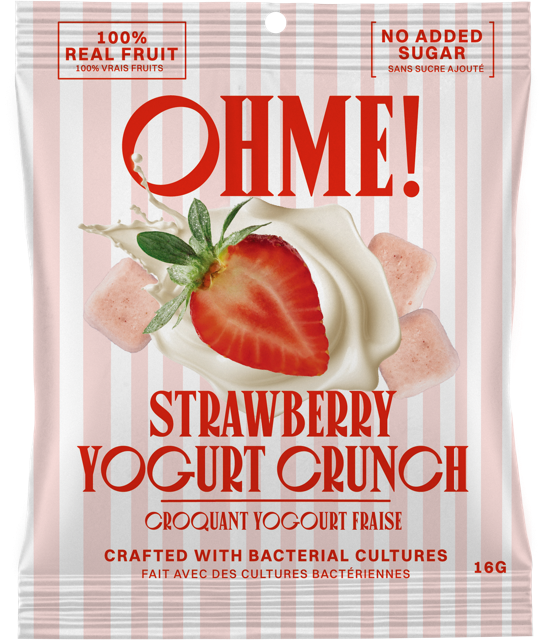 Packaging of OHME! Strawberry Yogurt Crunch with a strawberry and yogurt illustration on a striped background.