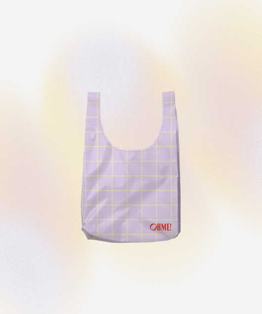 Purple grid-patterned bag with 'OH ME!' text on a gradient background