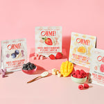 OHME! fruit and veggie snacks on a pink background