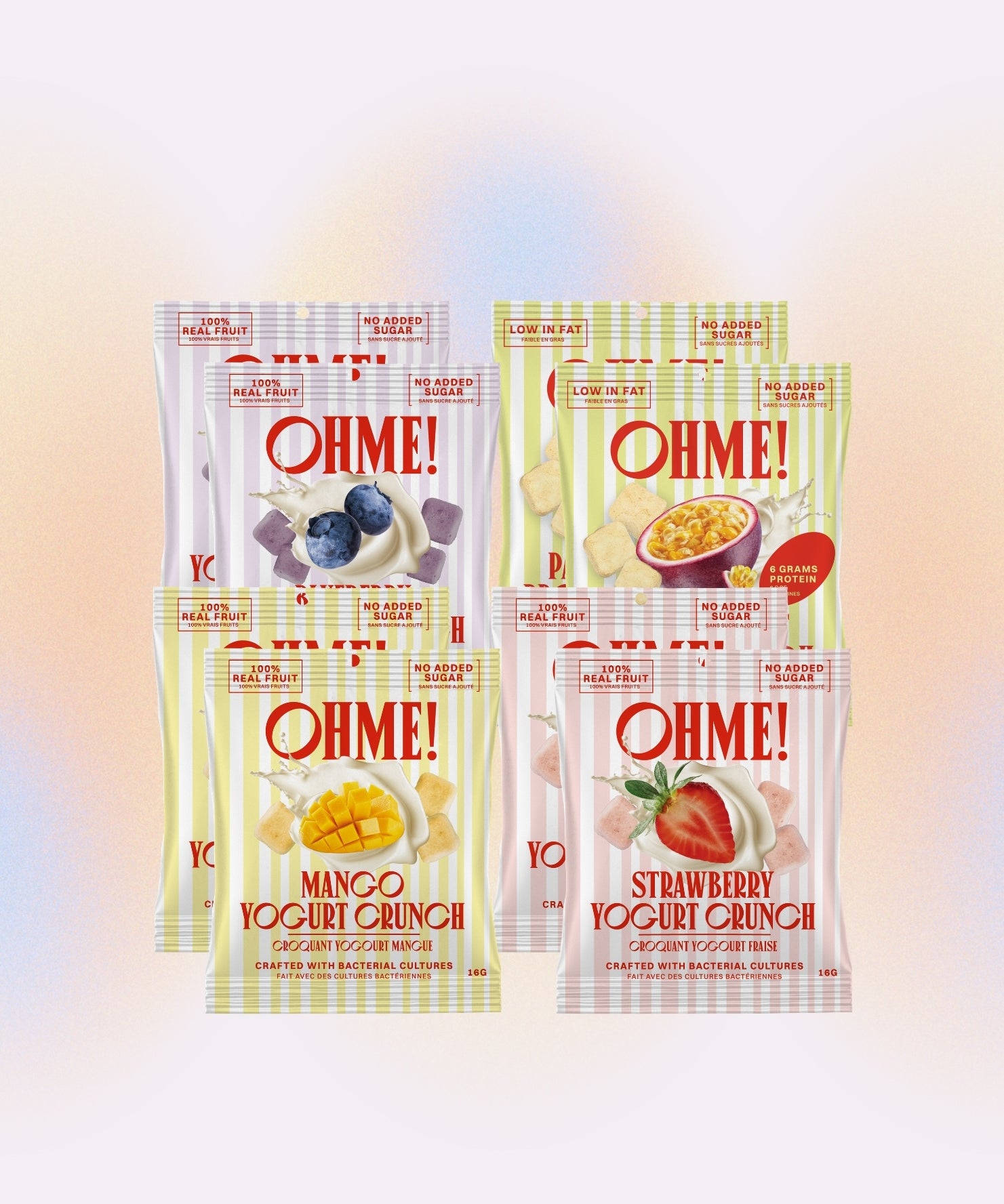 Four packages of OHME! yogurt crunch on a gradient background